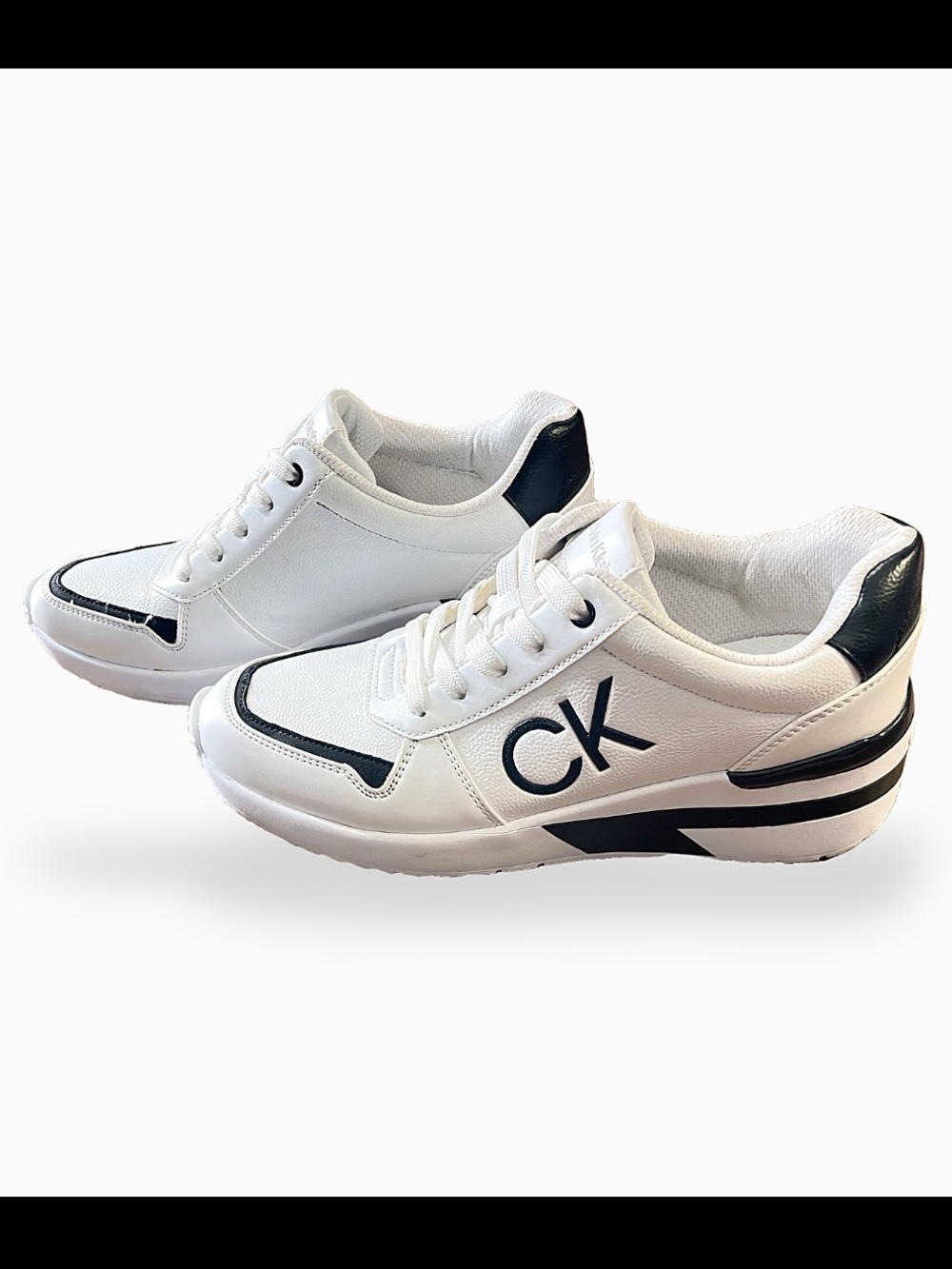 Calvin Klein CK Logo Wedge Sneakers White Navy Lace Up Hidden Wedge Women's 10